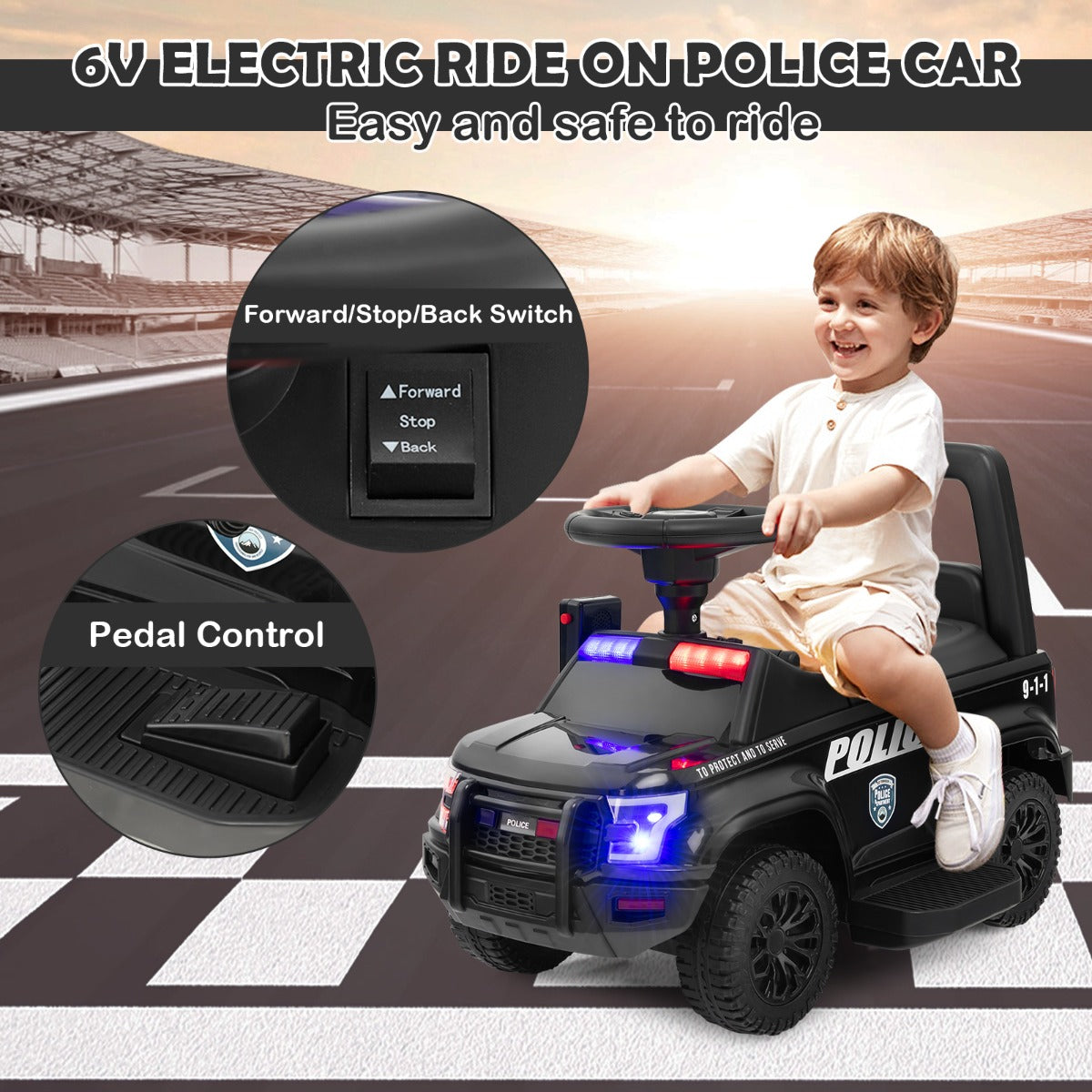 Kids Ride On Police Car with Real Megaphone and Headlights-Black