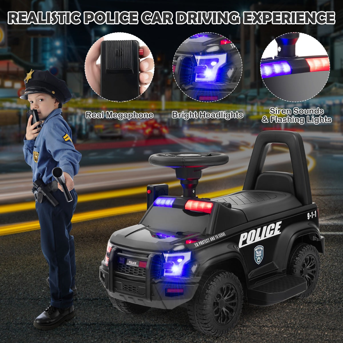 Kids Ride On Police Car with Real Megaphone and Headlights-Black