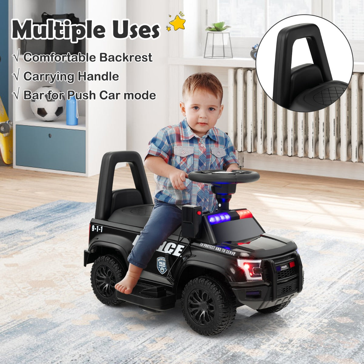 Kids Ride On Police Car with Real Megaphone and Headlights-Black