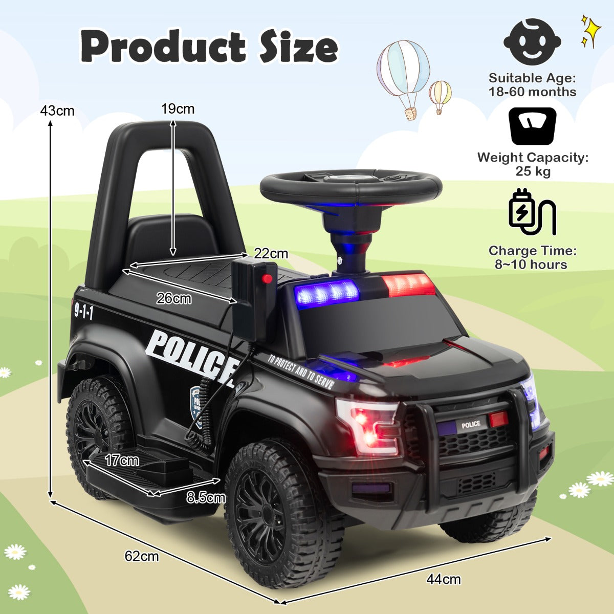 Kids Ride On Police Car with Real Megaphone and Headlights-Black