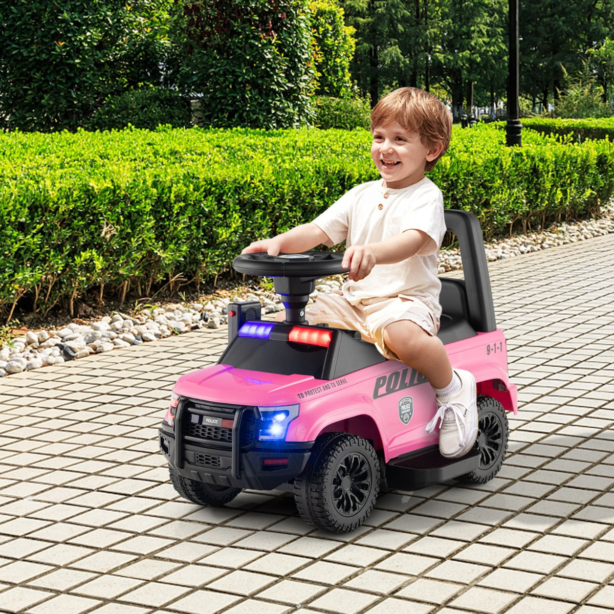 Kids Ride On Police Car with Real Megaphone and Headlights-Pink