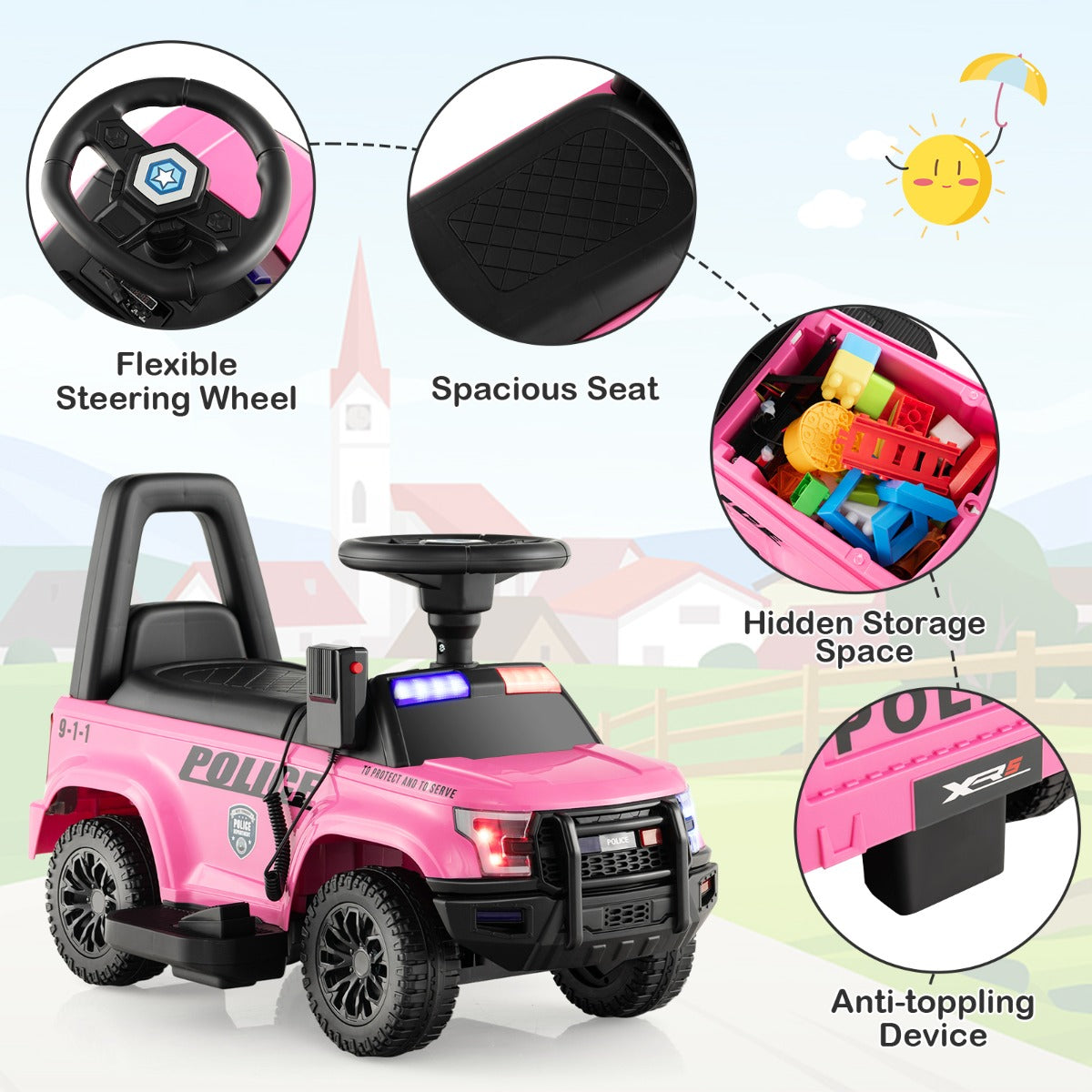 Kids Ride On Police Car with Real Megaphone and Headlights-Pink