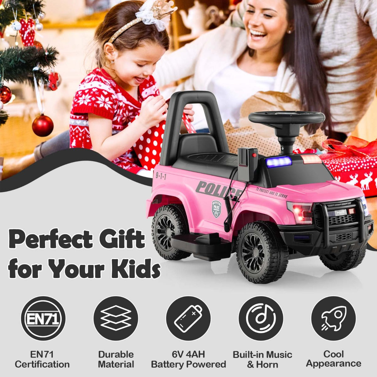Kids Ride On Police Car with Real Megaphone and Headlights-Pink