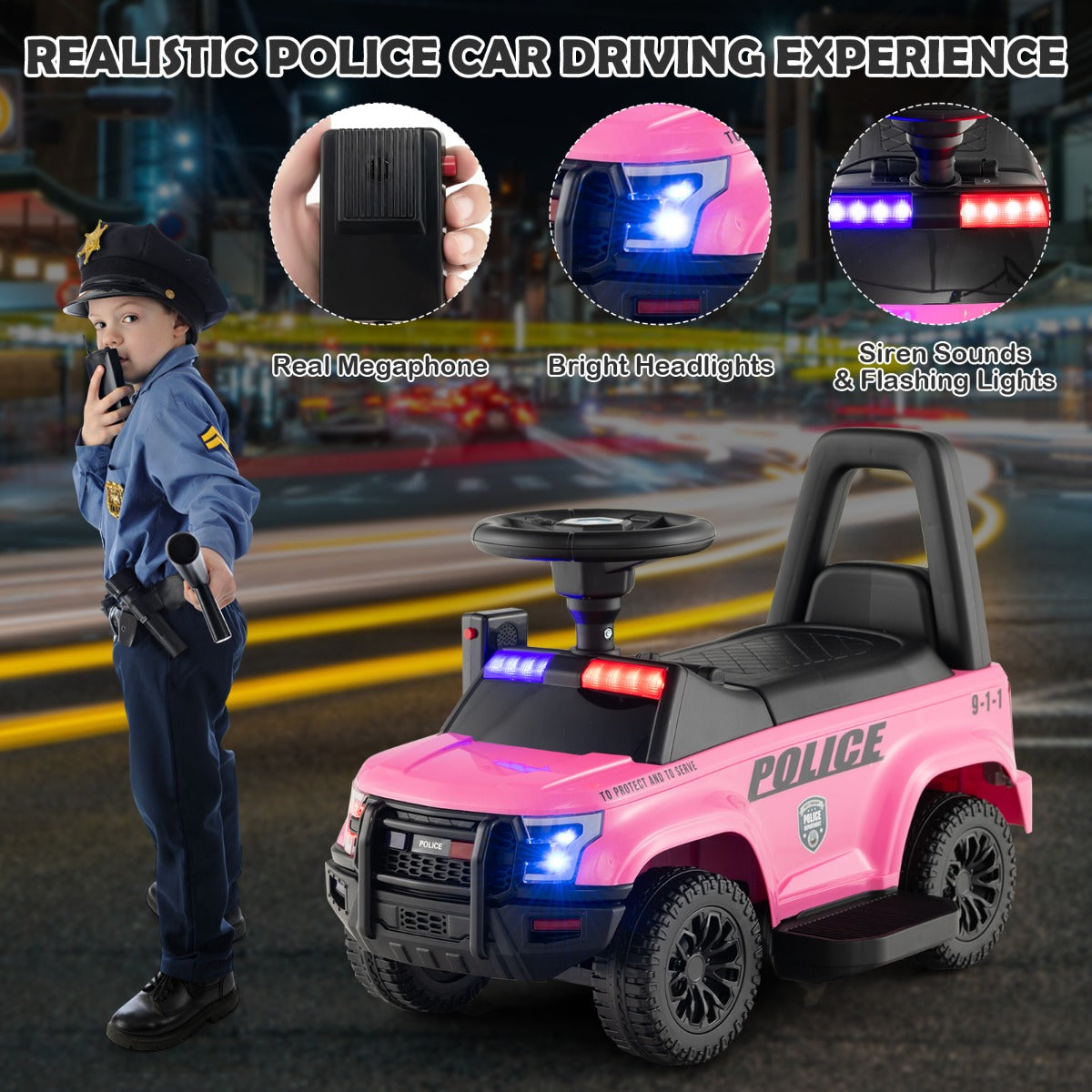 Kids Ride On Police Car with Real Megaphone and Headlights-Pink