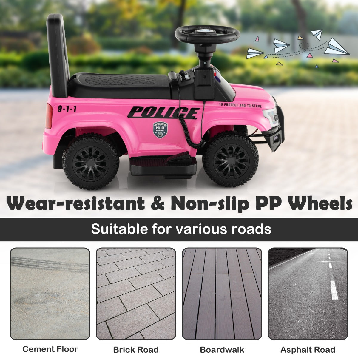 Kids Ride On Police Car with Real Megaphone and Headlights-Pink