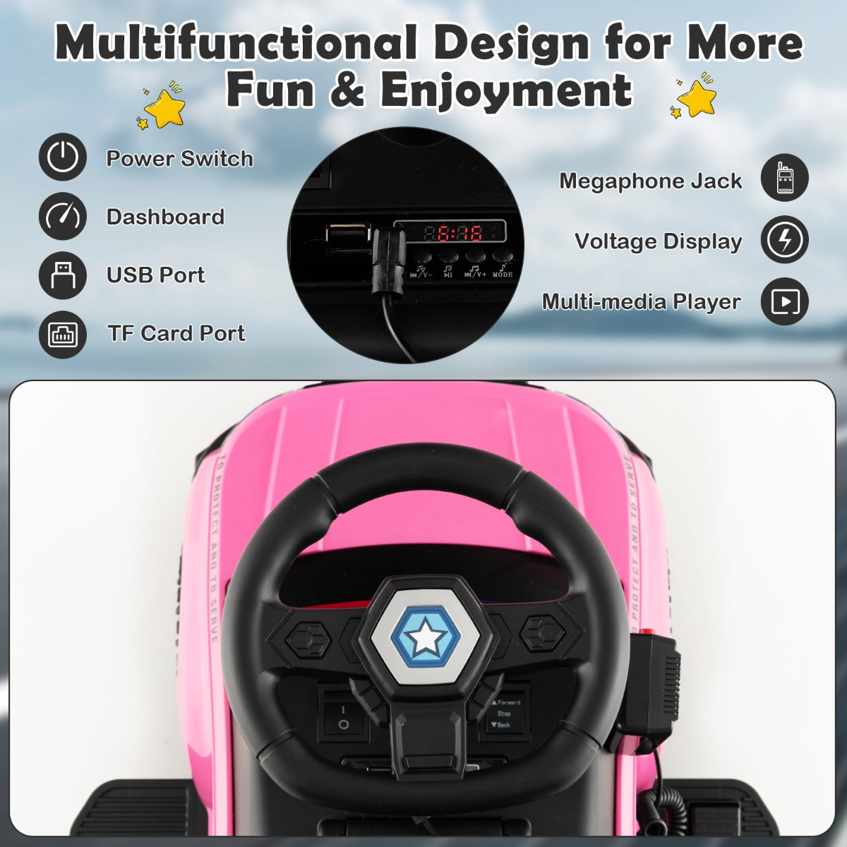 Kids Ride On Police Car with Real Megaphone and Headlights-Pink