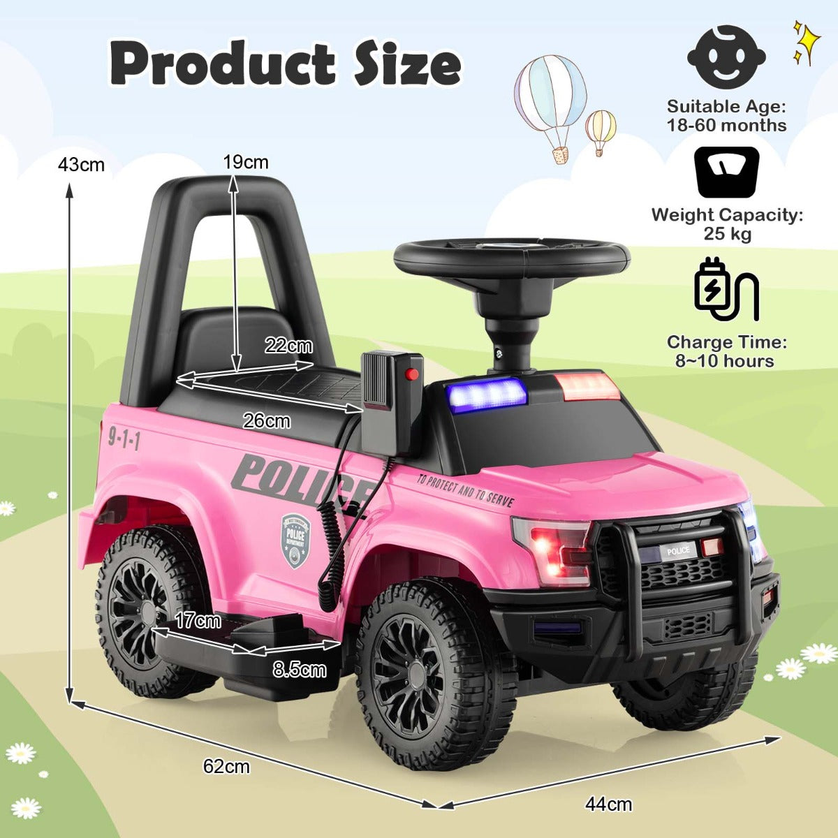 Kids Ride On Police Car with Real Megaphone and Headlights-Pink