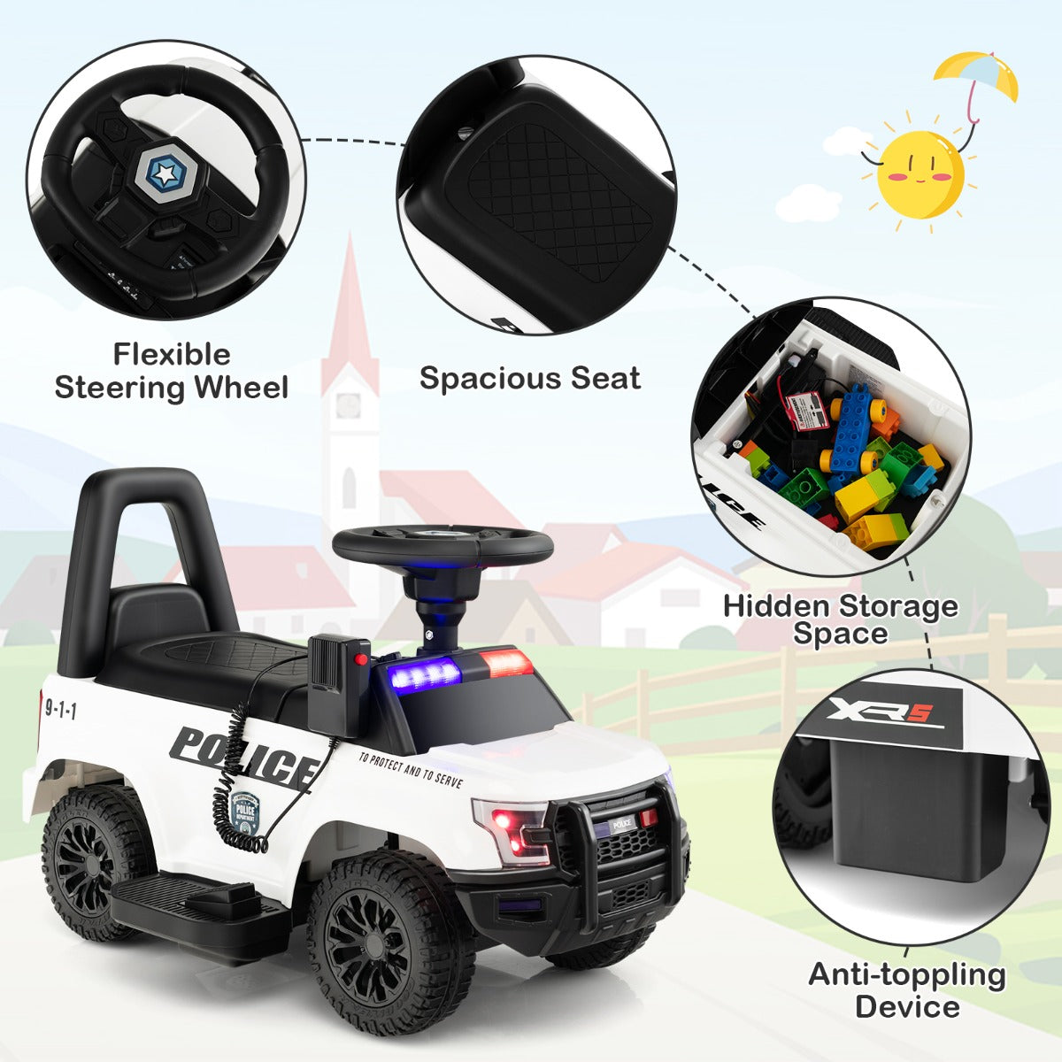 Kids Ride On Police Car with Real Megaphone and Headlights-White