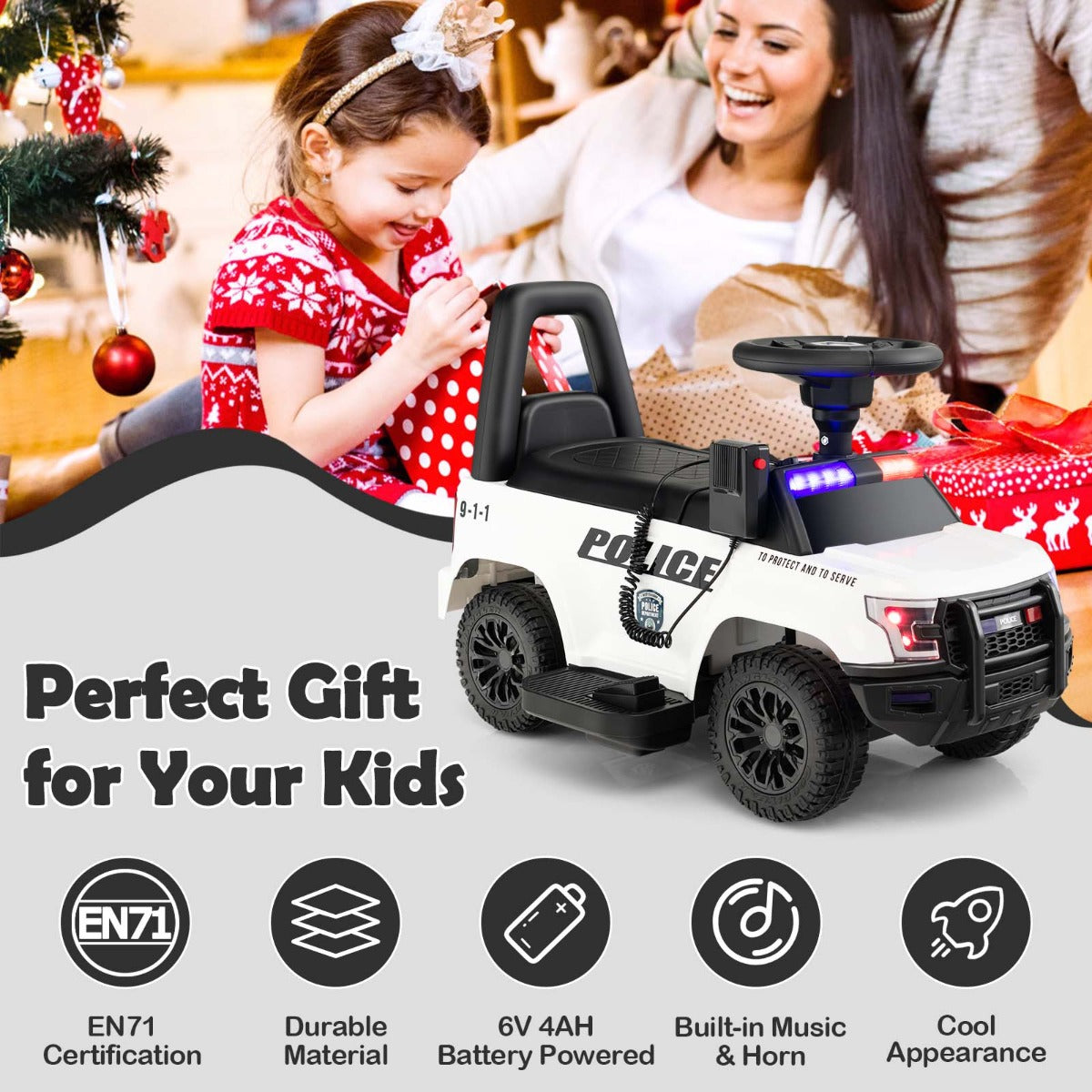 Kids Ride On Police Car with Real Megaphone and Headlights-White