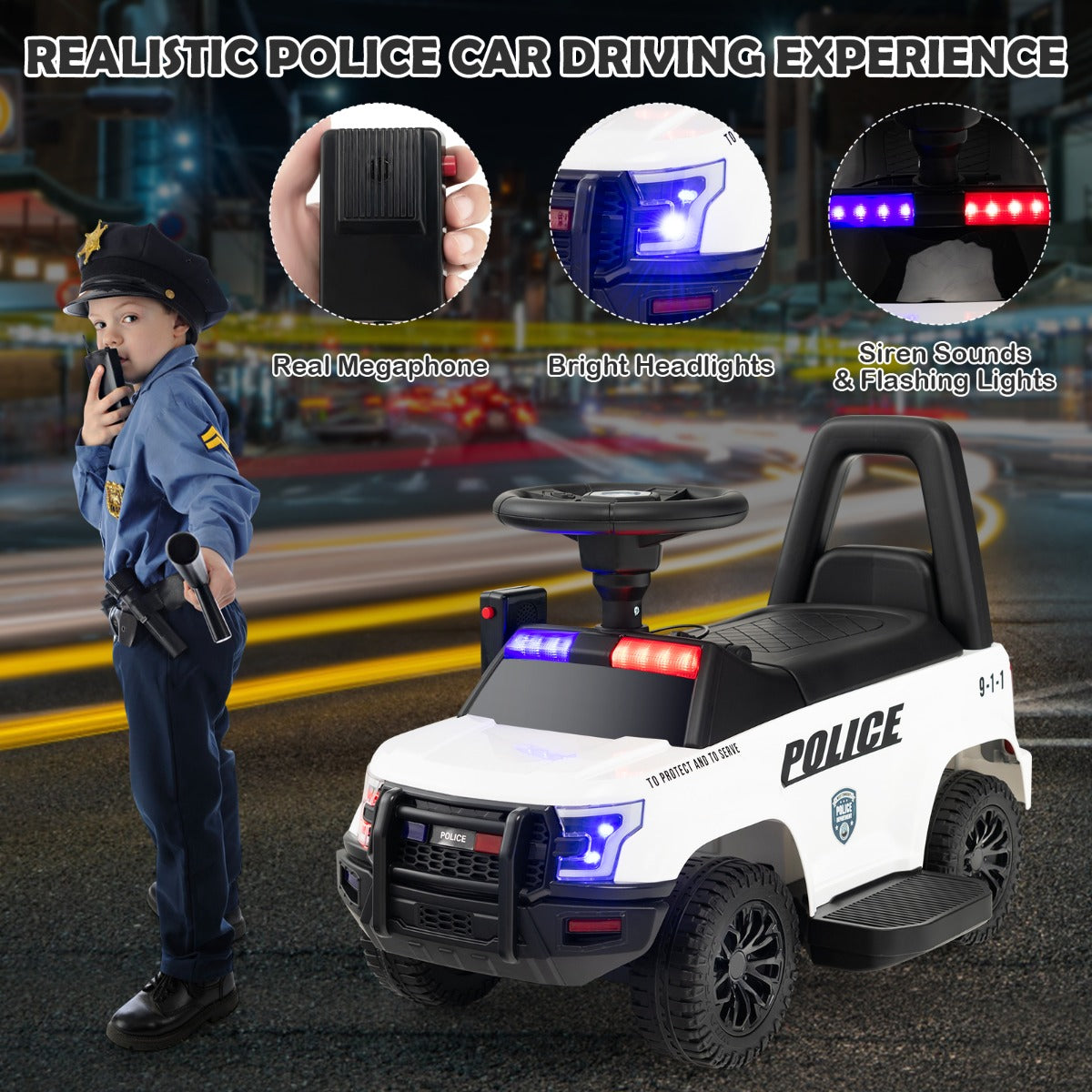Kids Ride On Police Car with Real Megaphone and Headlights-White
