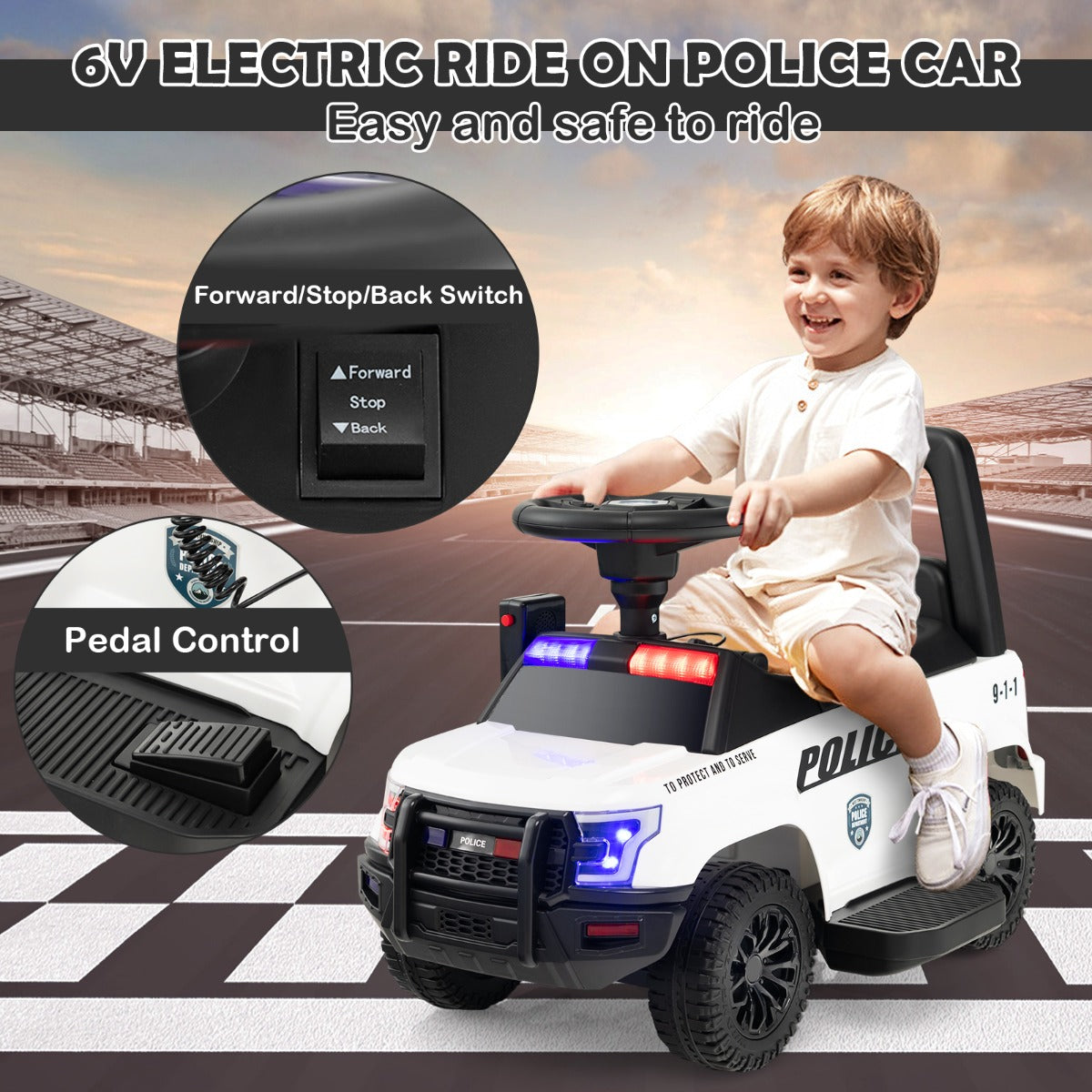 Kids Ride On Police Car with Real Megaphone and Headlights-White