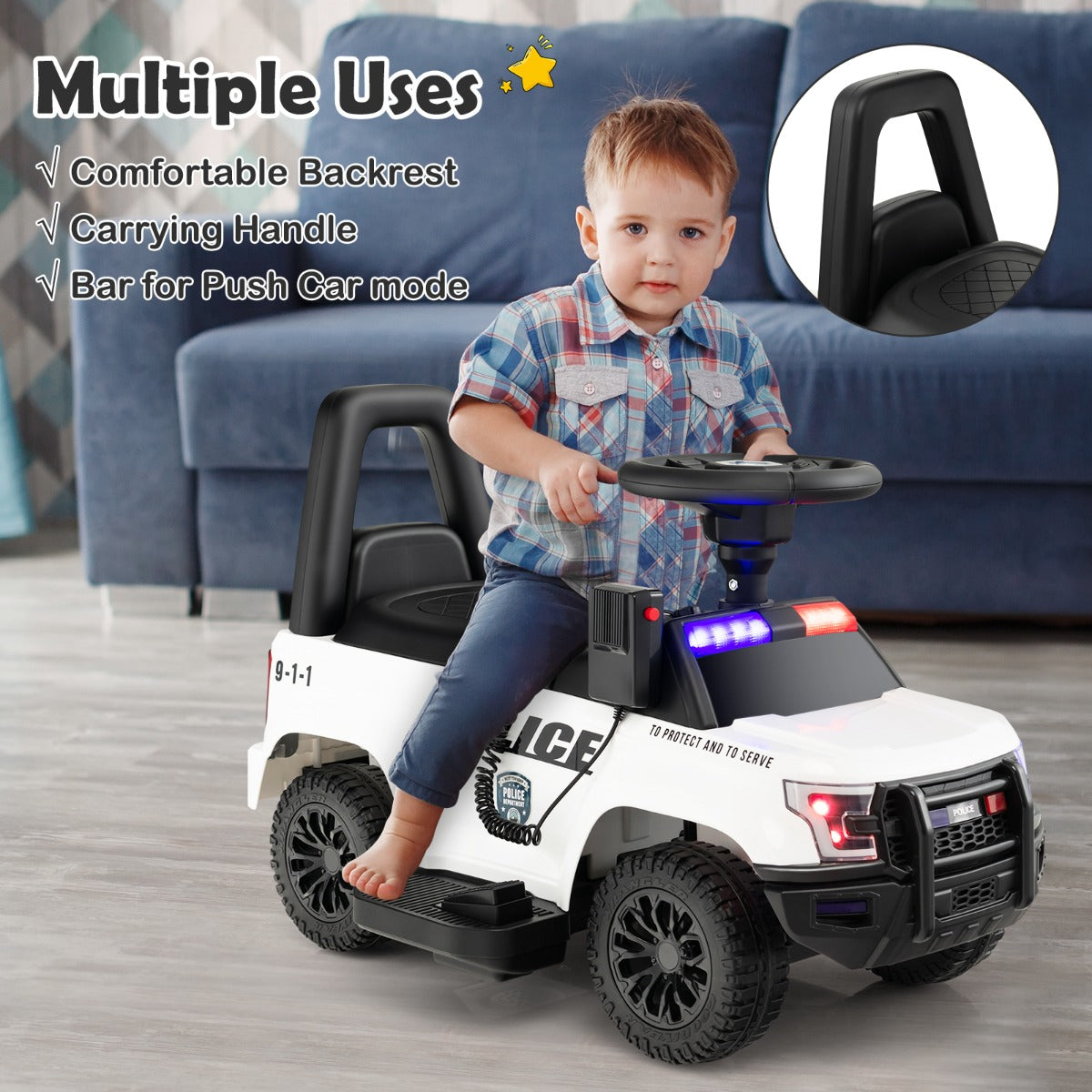 Kids Ride On Police Car with Real Megaphone and Headlights-White