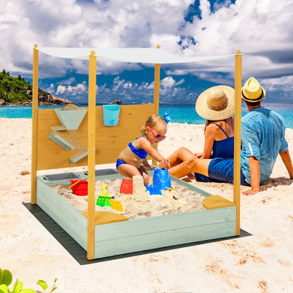Kids Sandbox with Sand Wall and Removable Canopy
