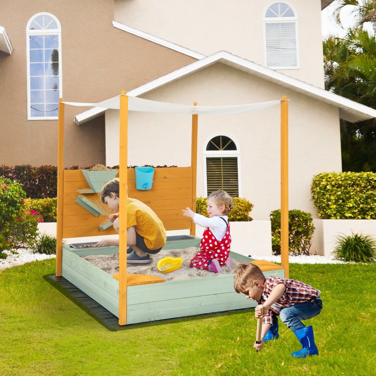 Kids Sandbox with Sand Wall and Removable Canopy