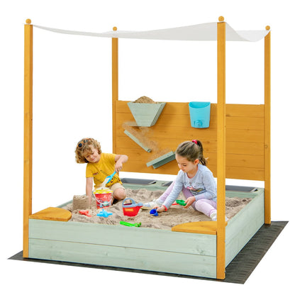 Kids Sandbox with Sand Wall and Removable Canopy