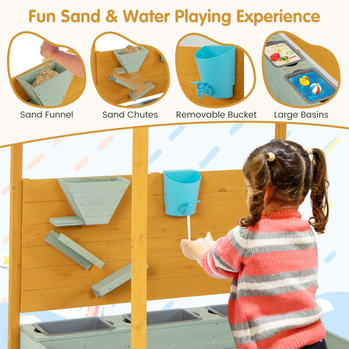 Kids Sandbox with Sand Wall and Removable Canopy