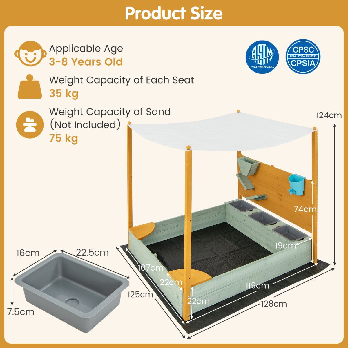 Kids Sandbox with Sand Wall and Removable Canopy