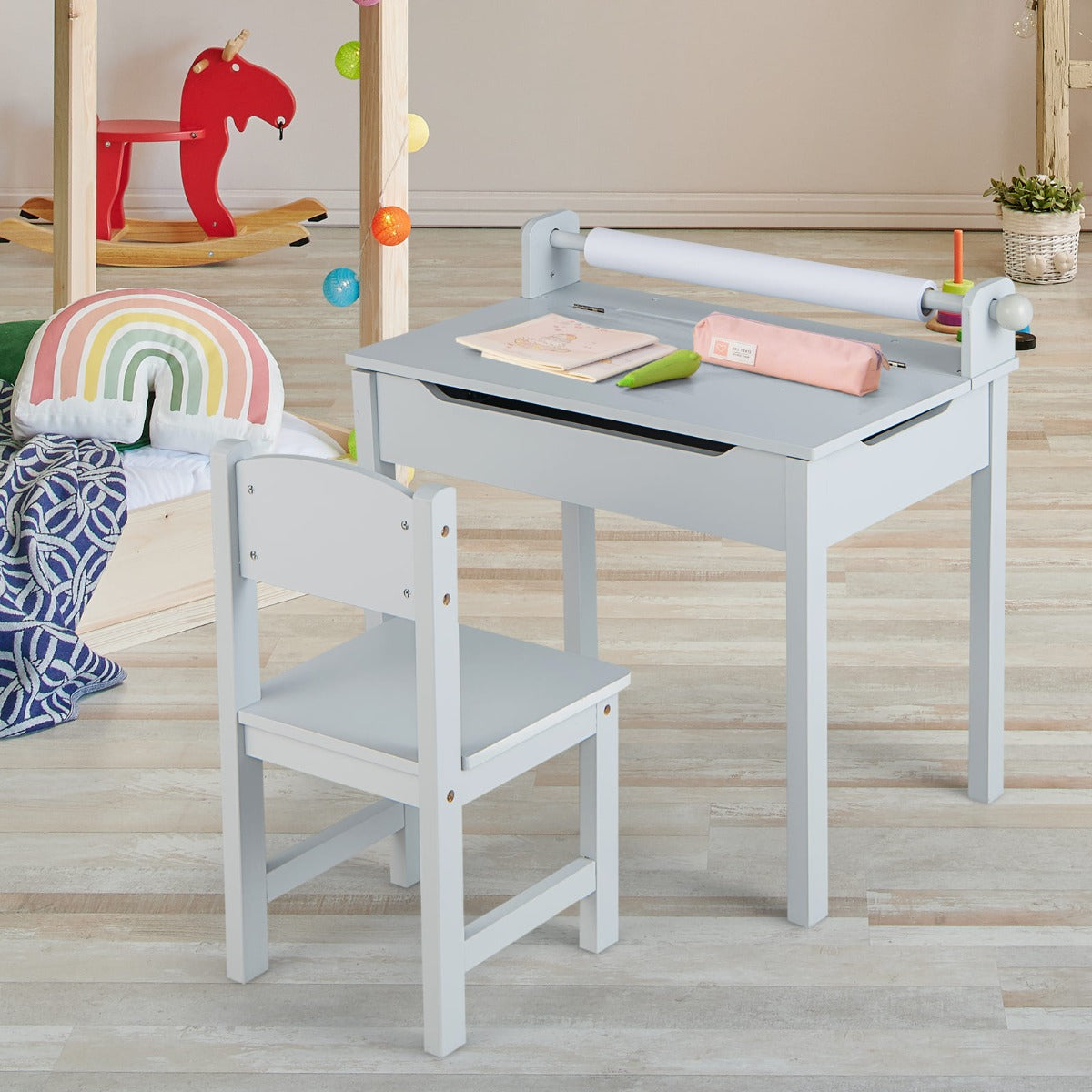 Solid pine wood and MDF table and chair set provides durable support for learning, eating, and playing