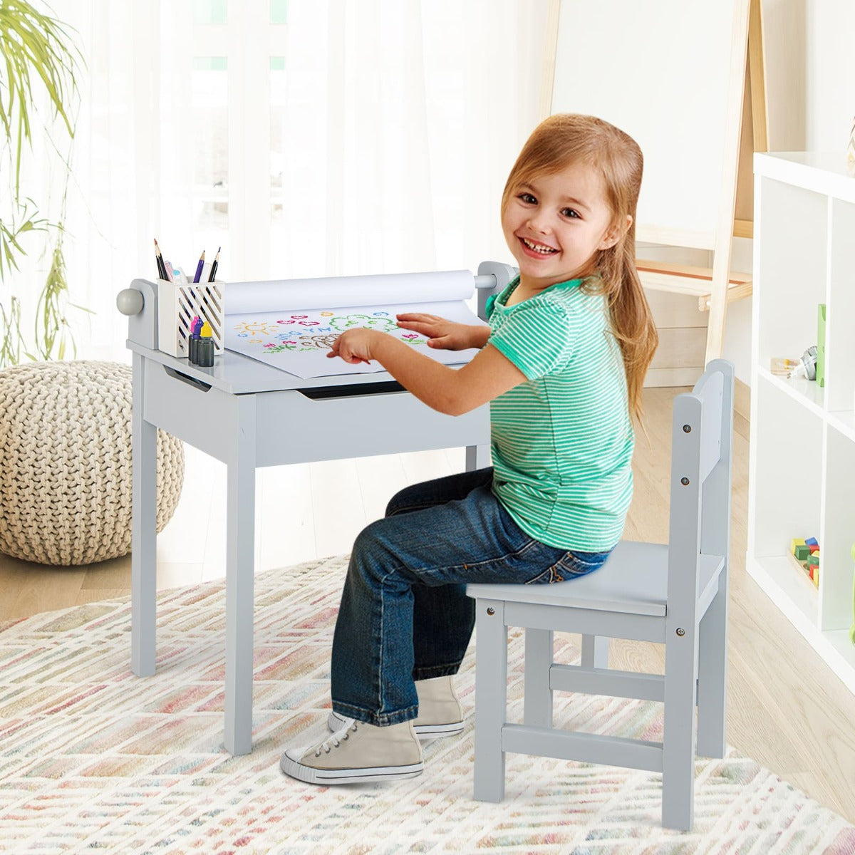 Toddler table with removable paper roll holder and built-in pen slot for convenient creative activities