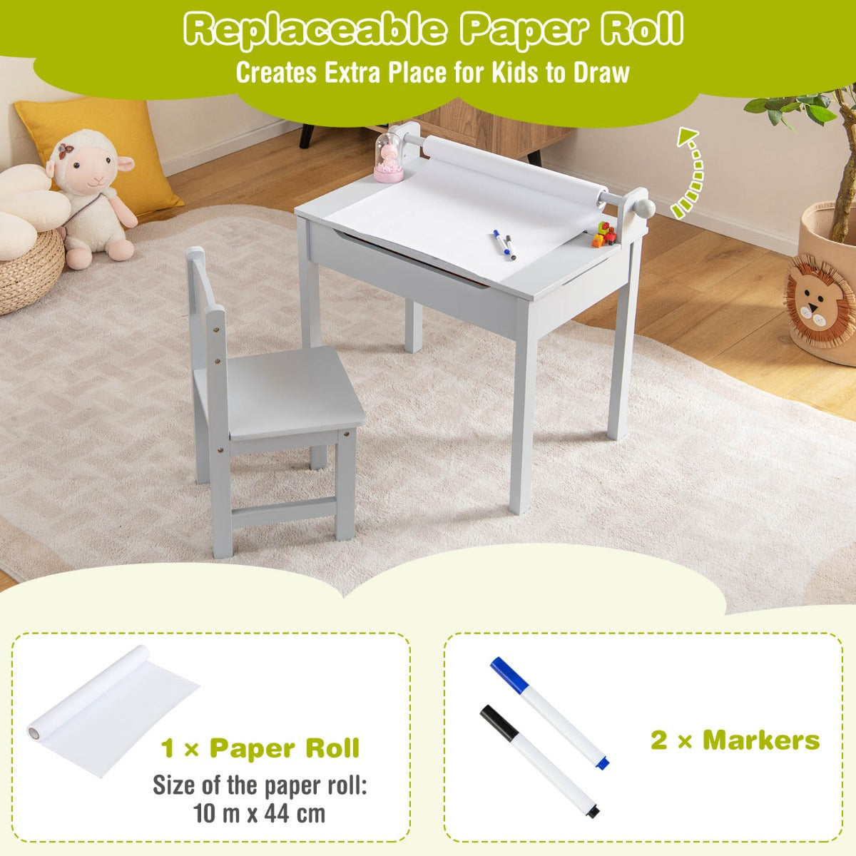 Kids drawing table includes a comfortable high-back chair for reading, writing, painting, and snacks