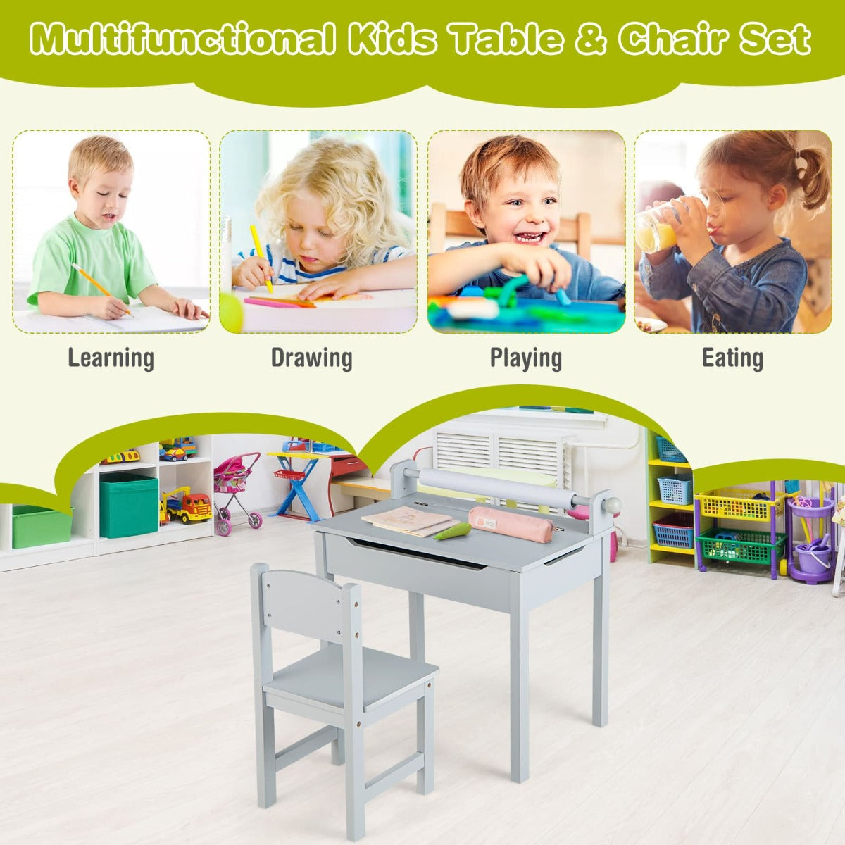 Flip-top kids desk locks at any angle and includes cushioning pads to reduce noise when closing
