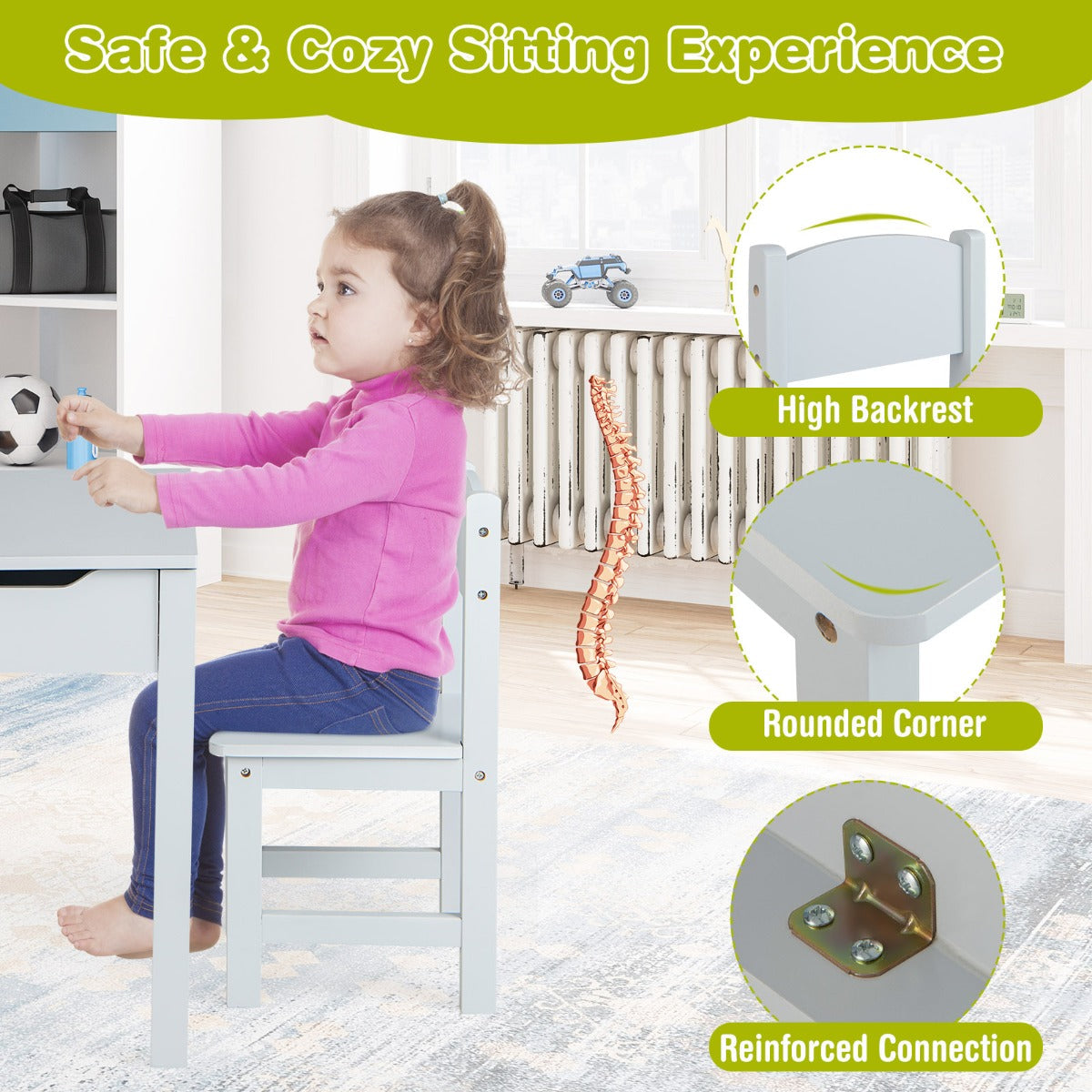Waterproof tabletop surface is easy to clean with a damp cloth after creative play or meals