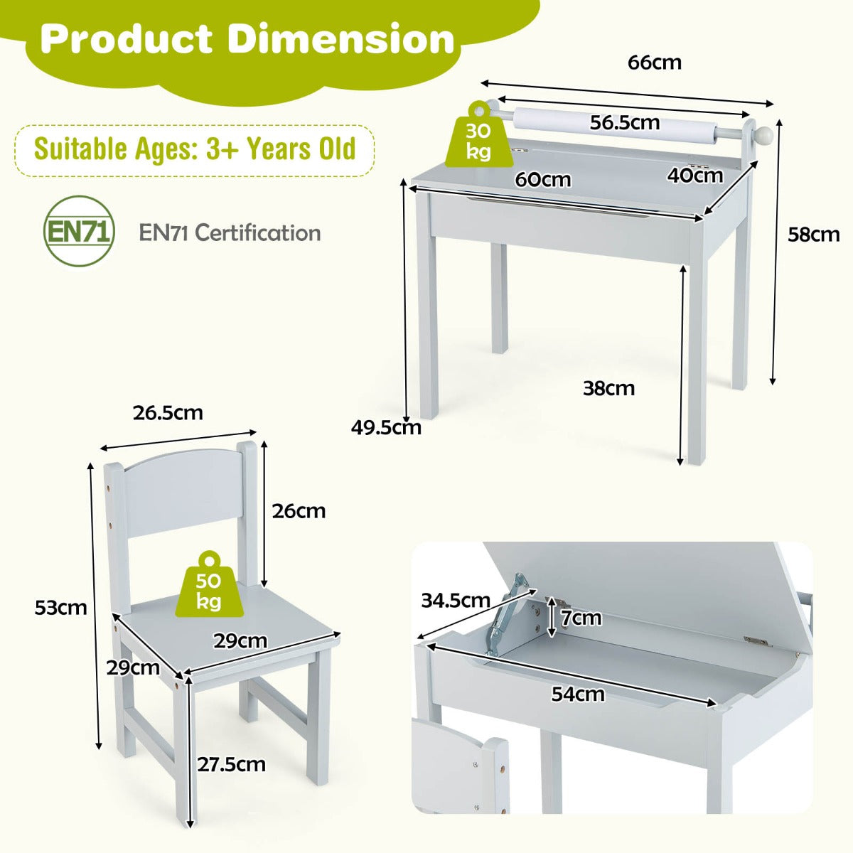 Kids table and chair set with flip-top storage tabletop, paper roll holder, markers, and drawing accessories