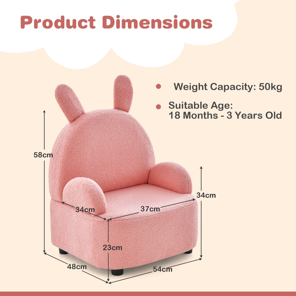 Lightweight upholstered armchair is designed for children aged 18 to 36 months