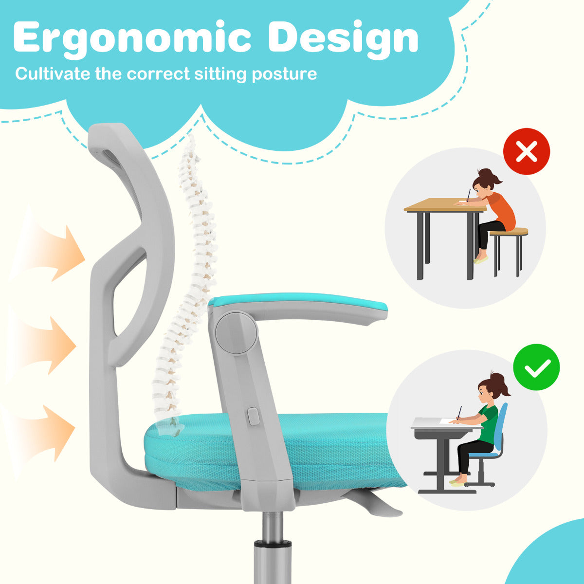 Kids Study Chair with Adjustable Height for Boys Girls Age 3-10-Green