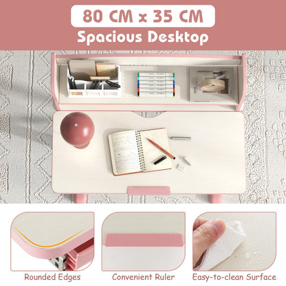 Costway Home School Student Learning Desk with Storage Drawer &amp; Scale Ruler for 3-12 Years Old-Pink
