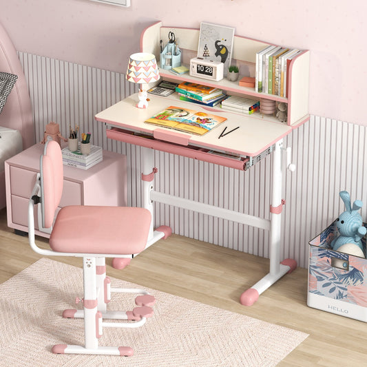 Costway Home School Student Learning Desk with Storage Drawer &amp; Scale Ruler for 3-12 Years Old-Pink
