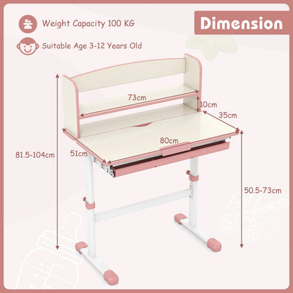 Costway Home School Student Learning Desk with Storage Drawer &amp; Scale Ruler for 3-12 Years Old-Pink