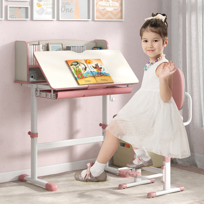 Costway Home School Student Learning Desk with Storage Drawer &amp; Scale Ruler for 3-12 Years Old-Pink