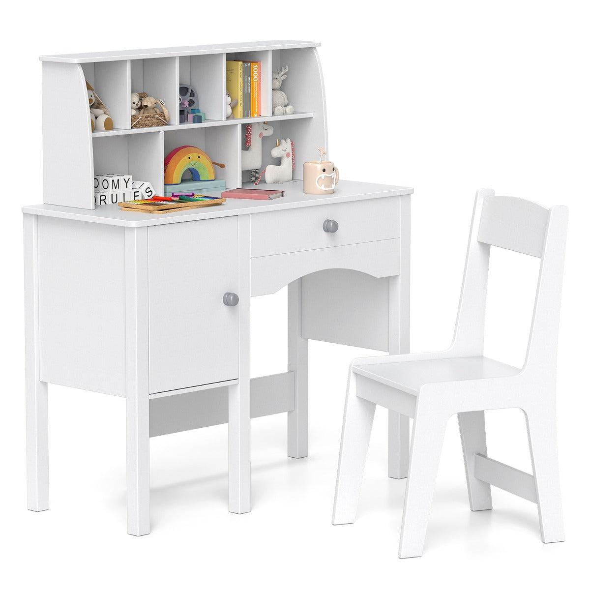 Kids Study Desk and Chair Set Children Wooden Craft Hutch-White