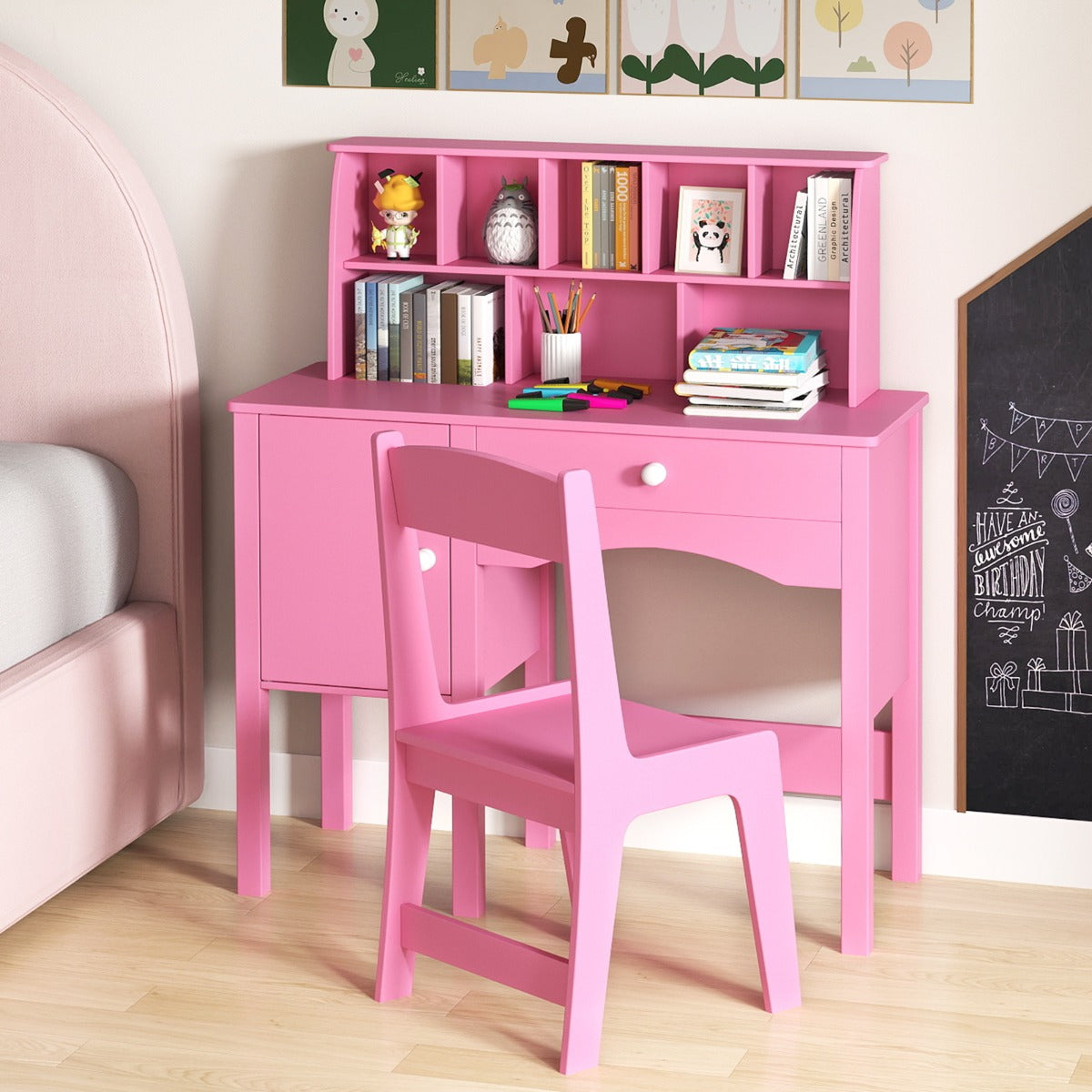 Kids Study Desk and Chair Set Children Wooden Craft Hutch-Pink