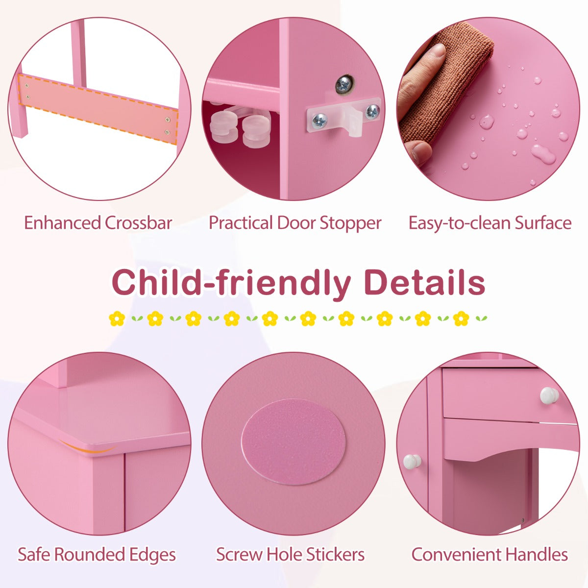 Kids Study Desk and Chair Set Children Wooden Craft Hutch-Pink