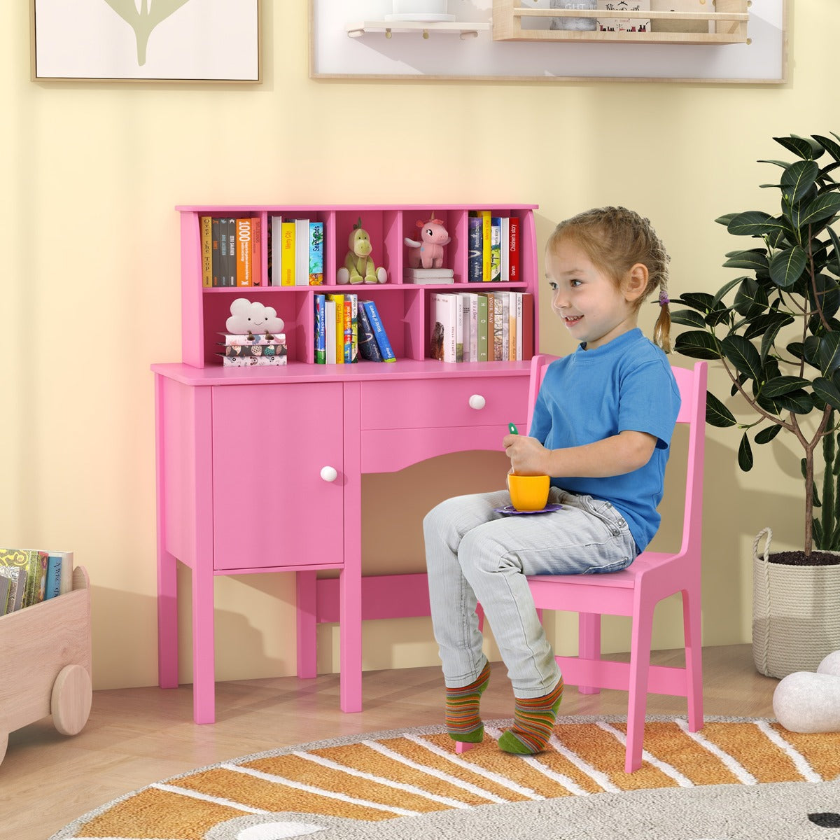 Kids Study Desk and Chair Set Children Wooden Craft Hutch-Pink