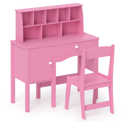 Kids Study Desk and Chair Set Children Wooden Craft Hutch-Pink