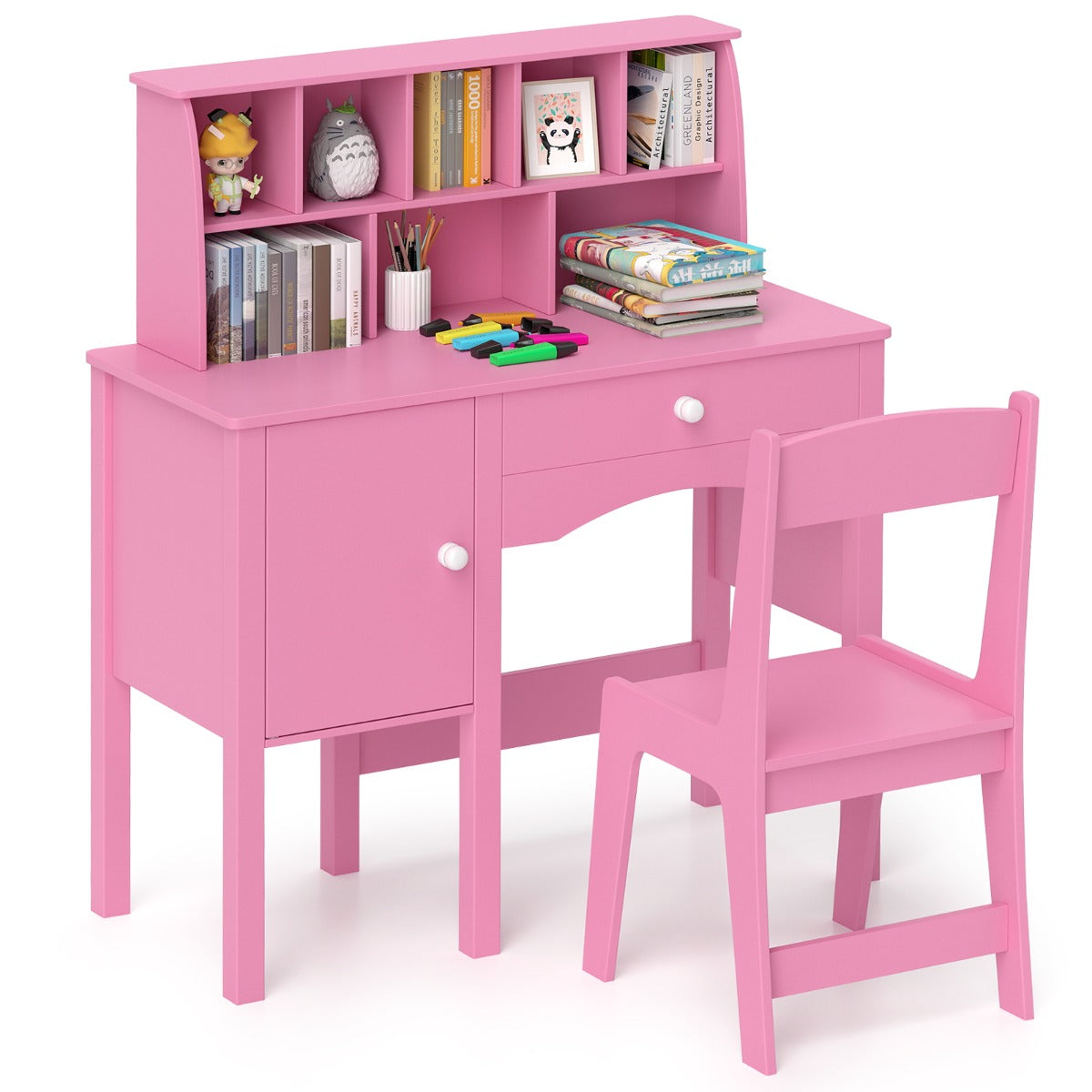 Kids Study Desk and Chair Set Children Wooden Craft Hutch-Pink