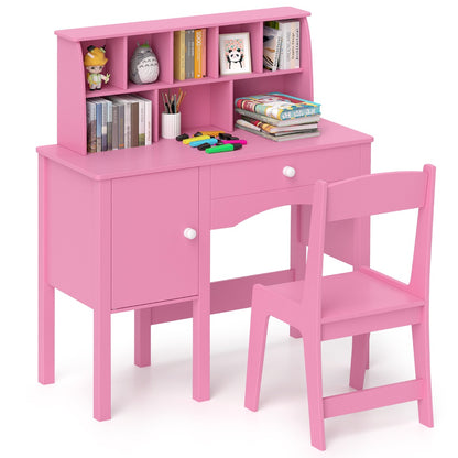 Kids Study Desk and Chair Set Children Wooden Craft Hutch-Pink