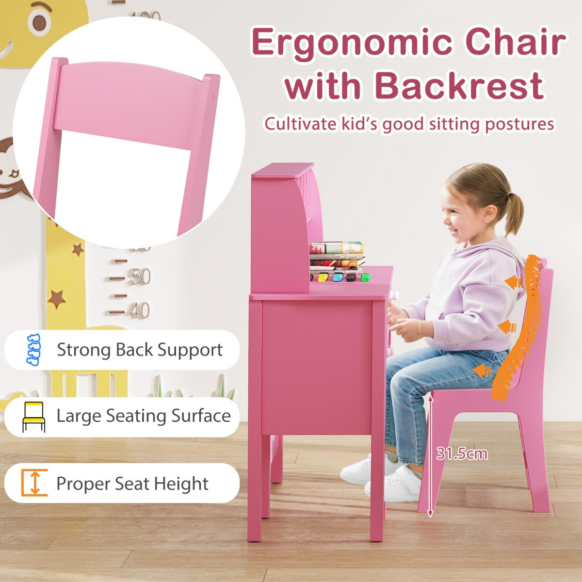 Kids Study Desk and Chair Set Children Wooden Craft Hutch-Pink