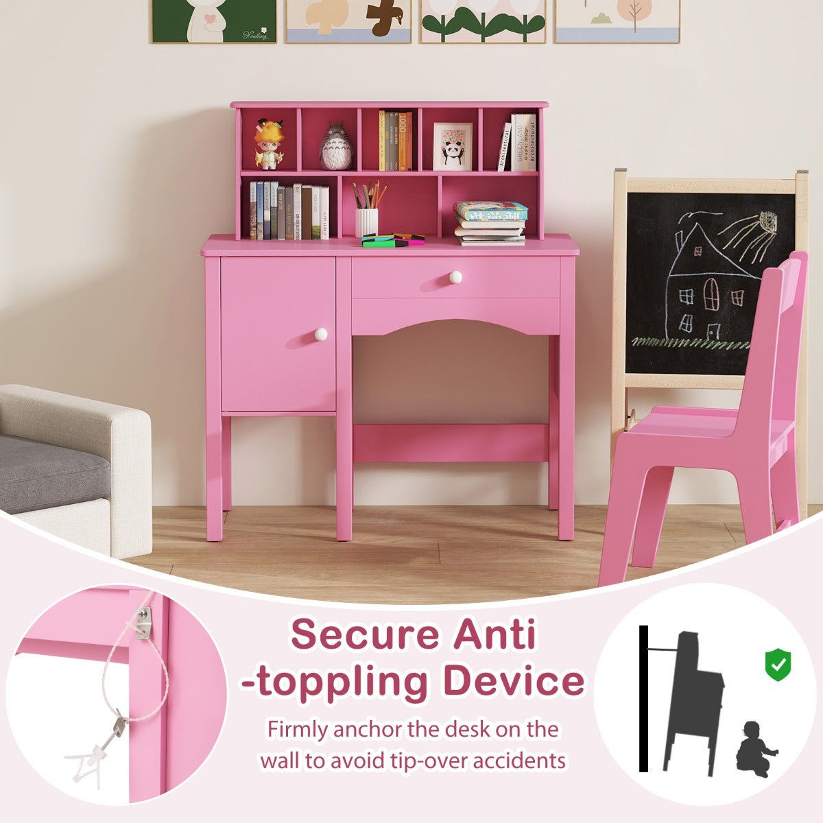 Kids Study Desk and Chair Set Children Wooden Craft Hutch-Pink