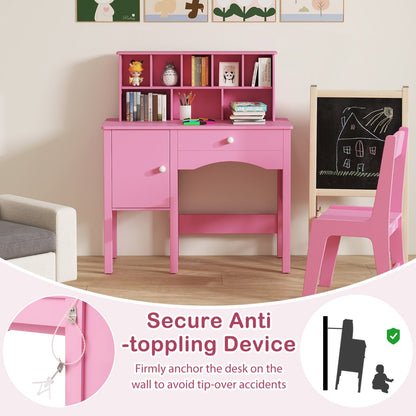 Kids Study Desk and Chair Set Children Wooden Craft Hutch-Pink