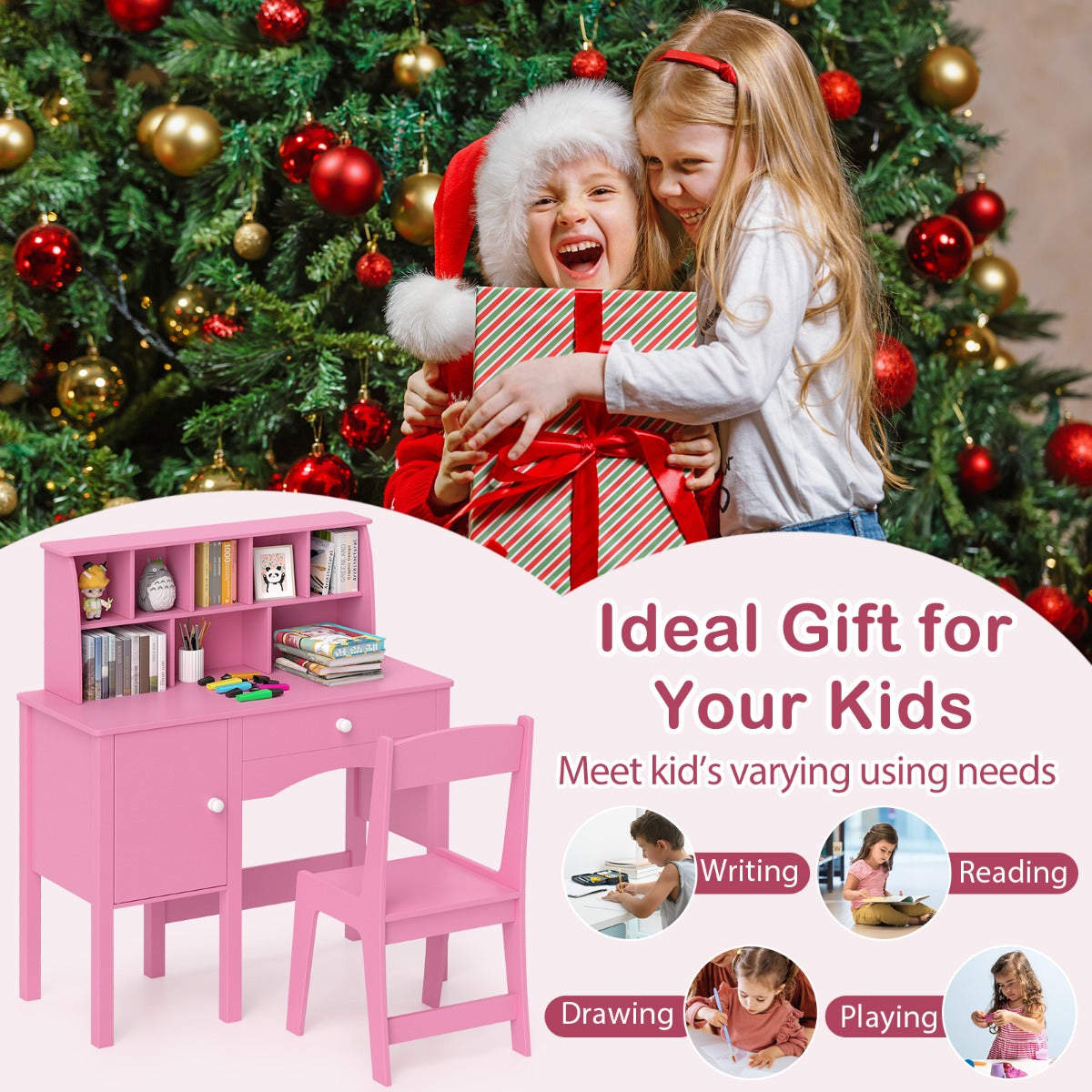 Kids Study Desk and Chair Set Children Wooden Craft Hutch-Pink