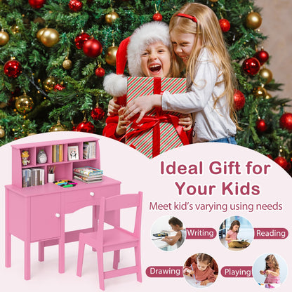 Kids Study Desk and Chair Set Children Wooden Craft Hutch-Pink