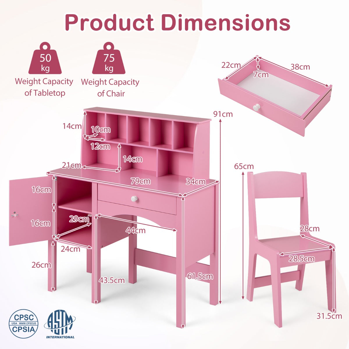 Kids Study Desk and Chair Set Children Wooden Craft Hutch-Pink