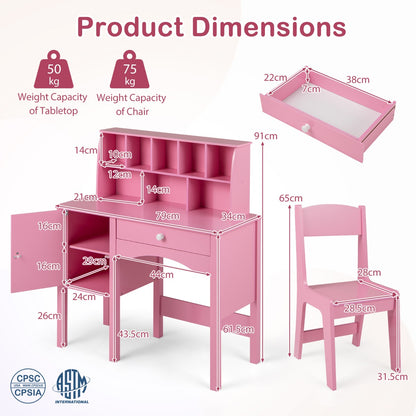 Kids Study Desk and Chair Set Children Wooden Craft Hutch-Pink