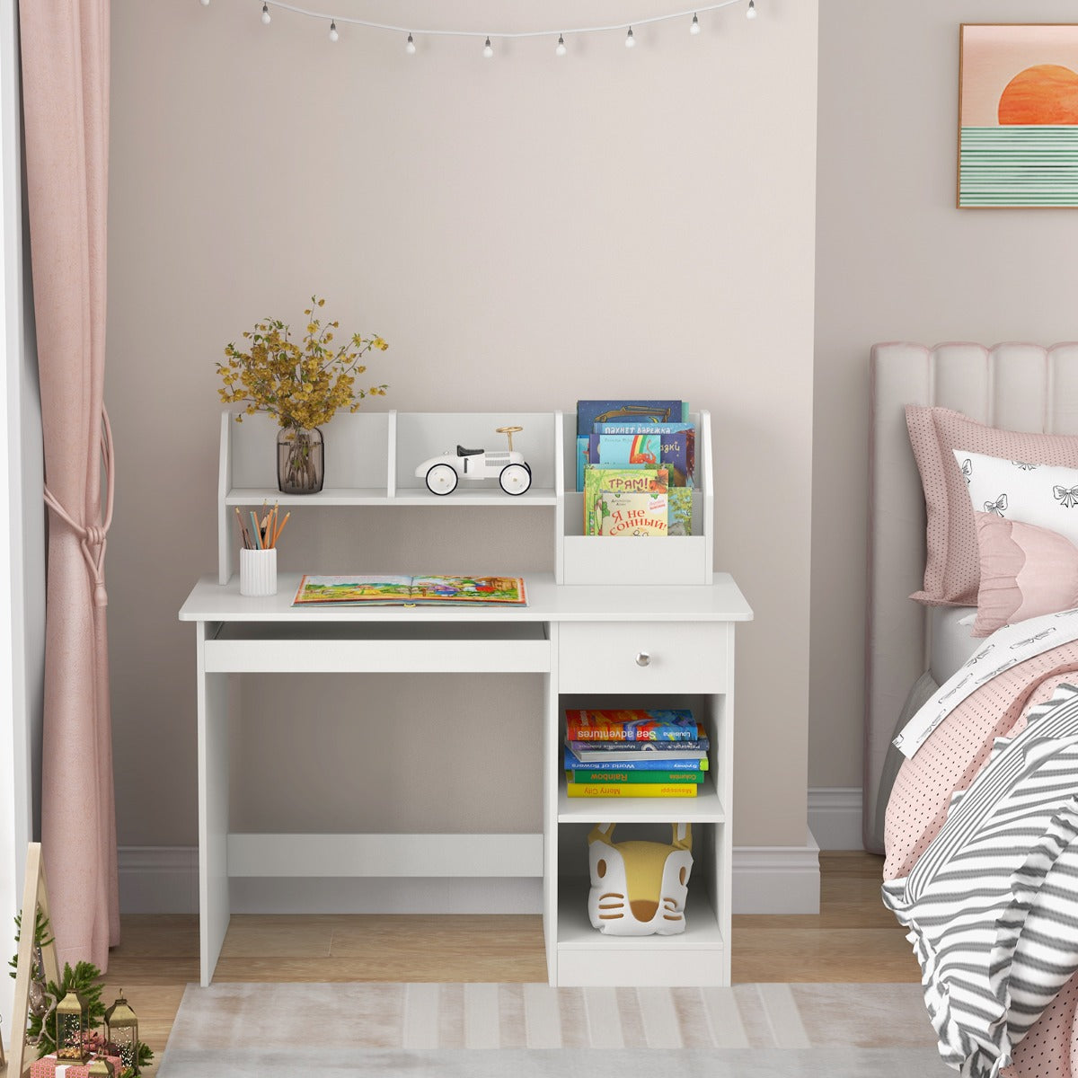 Kids Study Desk with Storage Shelves and Keyboard Tray-White