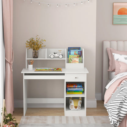 Kids Study Desk with Storage Shelves and Keyboard Tray-White