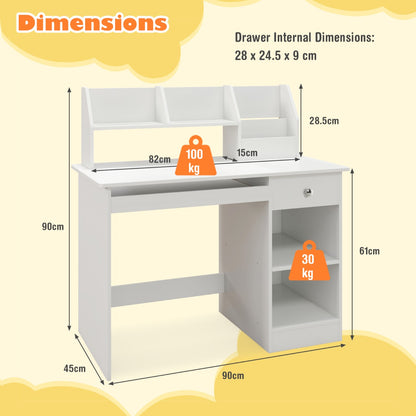 Kids Study Desk with Storage Shelves and Keyboard Tray-White